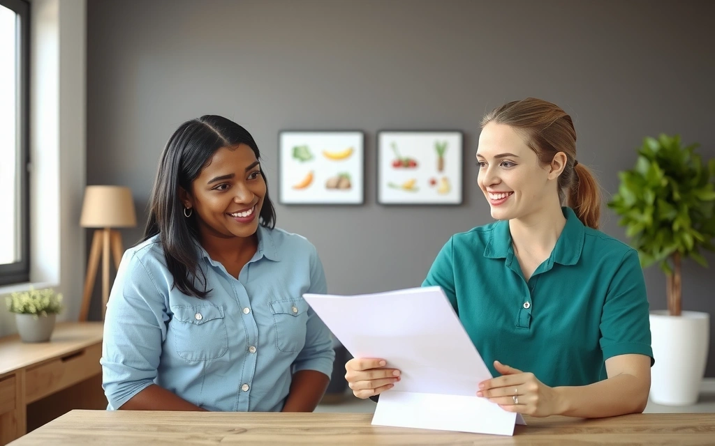 Nutrizionista che spiega un piano alimentare a un paziente in un ambiente accogliente