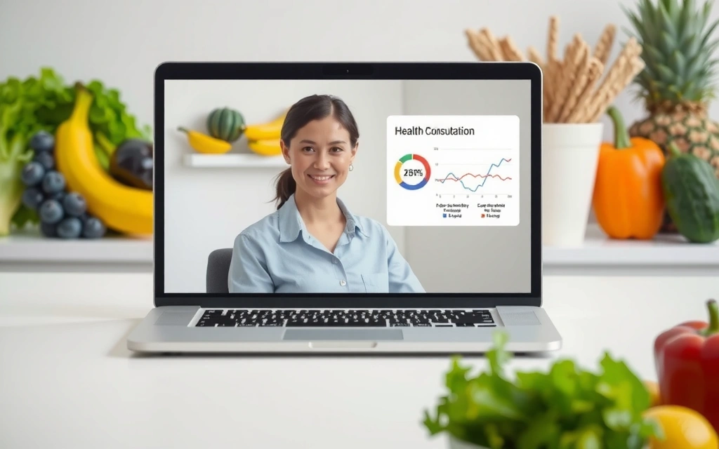 Nutrizionista che offre consulenza online tramite videochiamata, con grafici e alimenti sani sullo sfondo